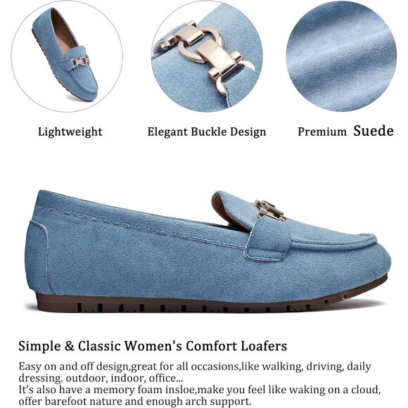 Womens Light Blue Fabric Slip On Comfort Chunky Heel Lug Sole Loafers Shoes - Picture 2 of 9